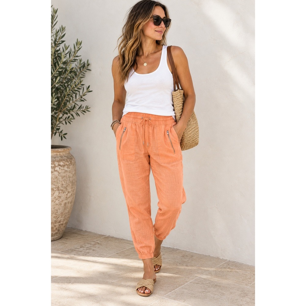 Athleta Cabo Linen Jogger Orange Pants Size 14 Elastic Waist Casual Travel